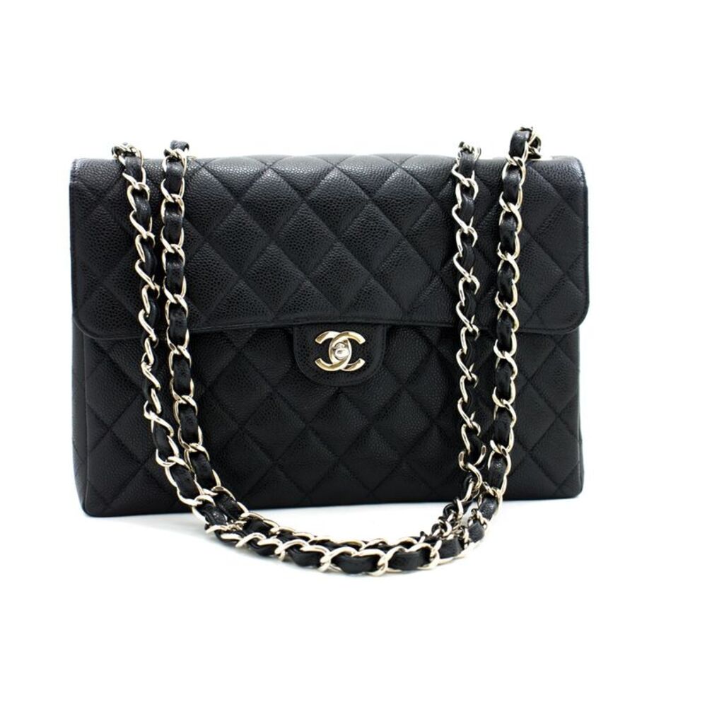 Chanel Vintage Classic Single Flap Quilted Caviar Black Calfskin Shoulder Bag
